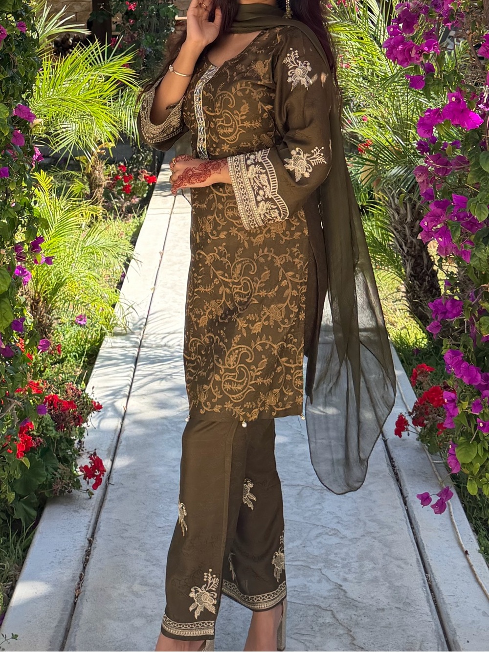 Women’s olive green desi Indian Pakistani traditional desi outfit salwar kameez